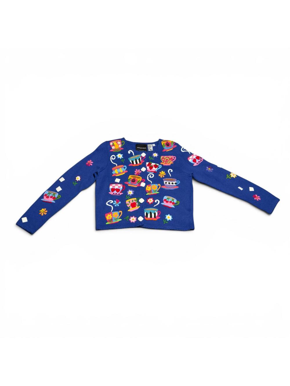 Vintage Michael Simon Cobalt Blue Hand-Embroidered Teacup Sweater Size M